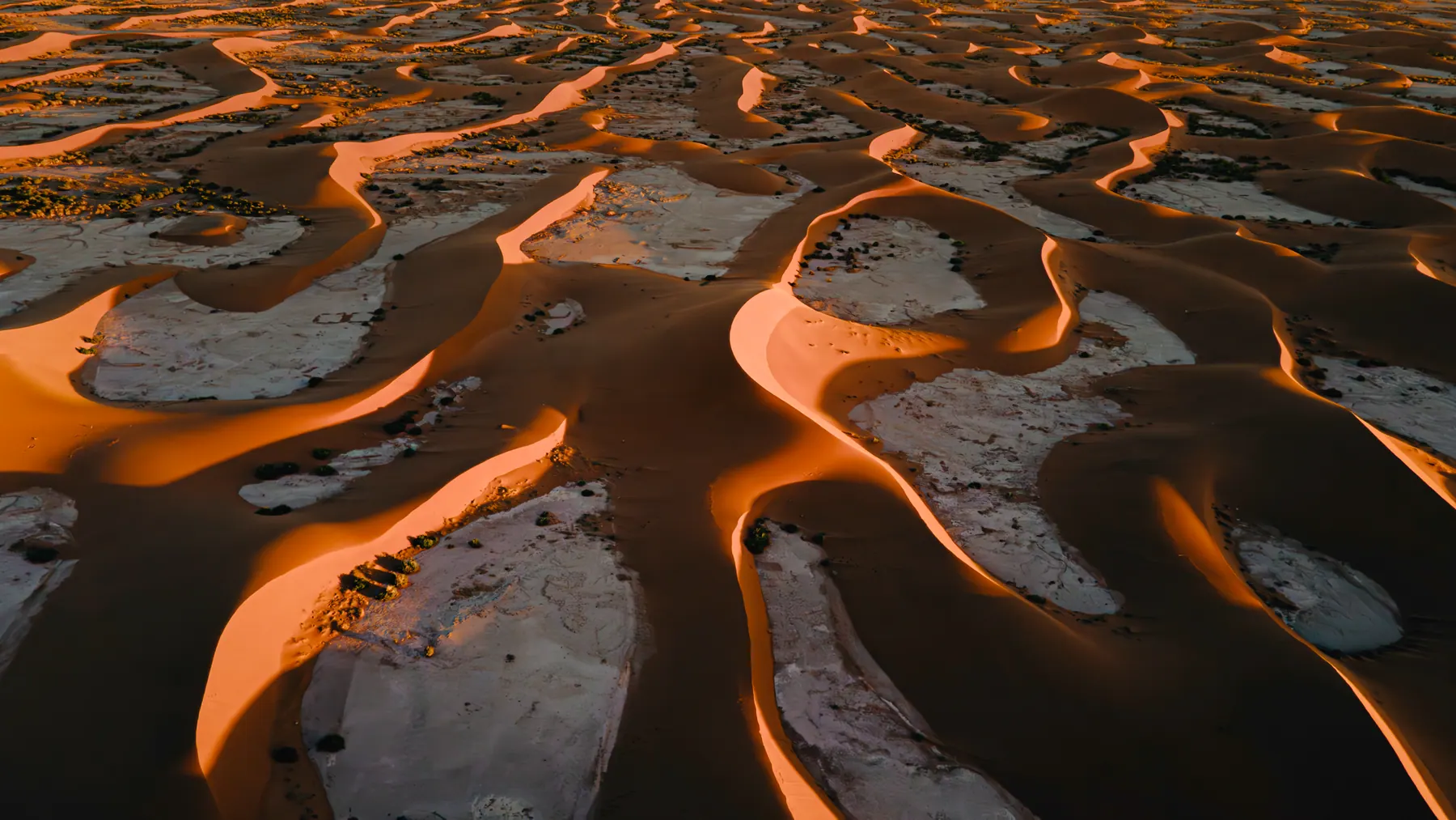 Wüstendünen von oben, orange Kämme werfen lange Schatten